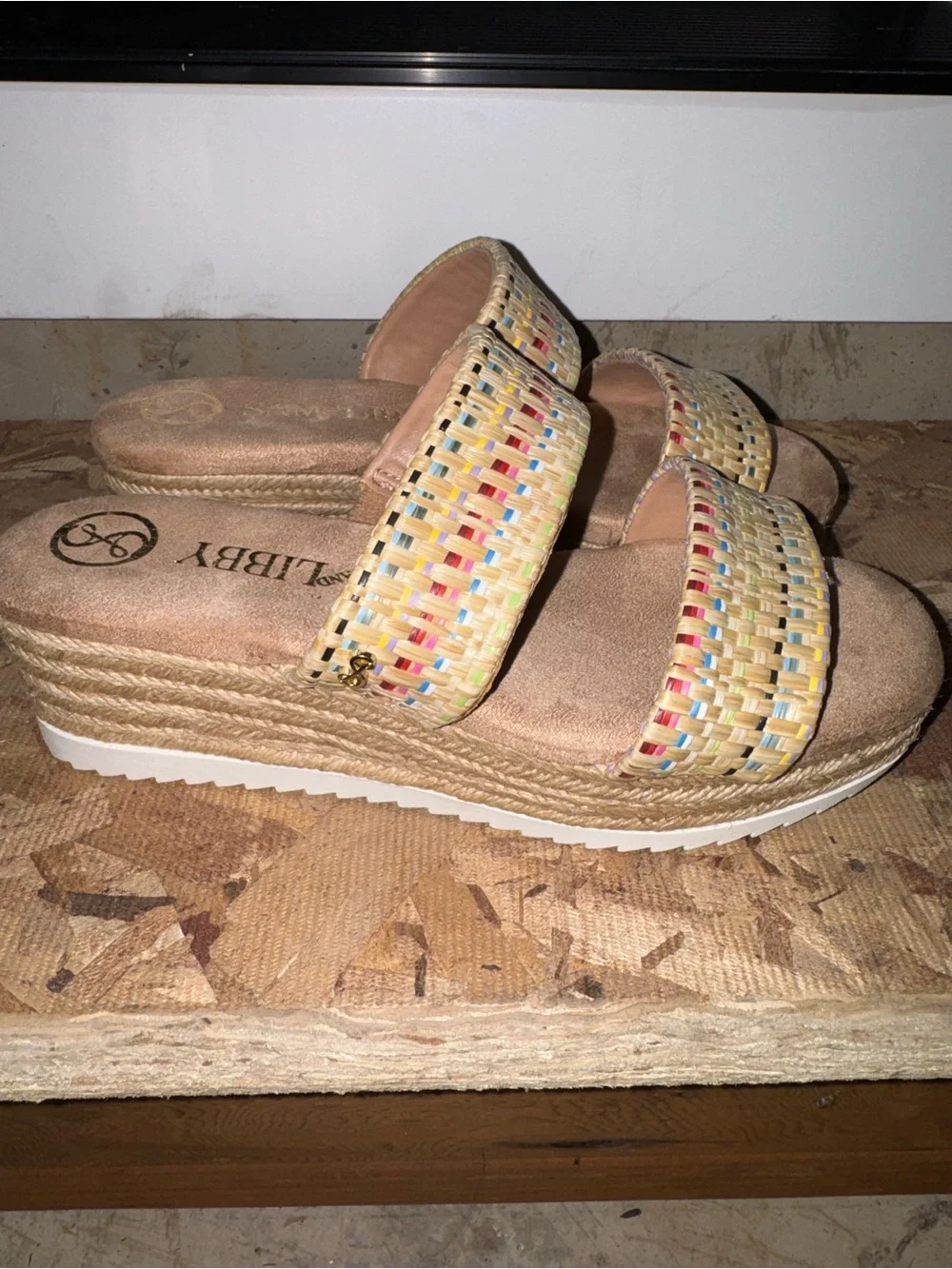 Sam & Libby Beige Woven Espadrille Slide Sandals with Multicolor Accents